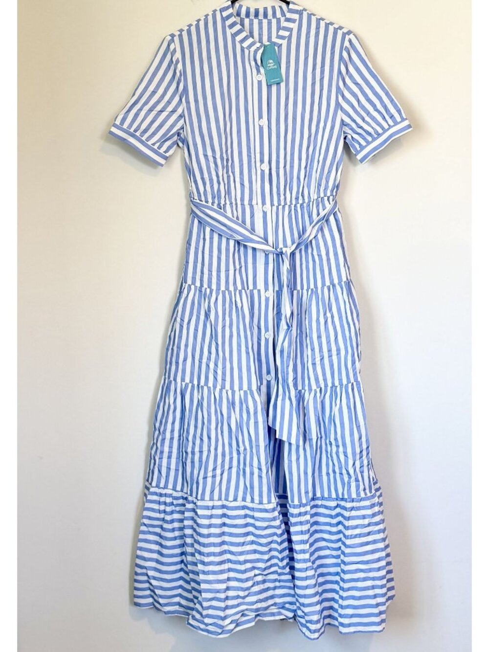 NWT Cupshe Blue Striped Puff Sleeve Front Button Maxi Dress - Size: Small - Picture 2 of 13